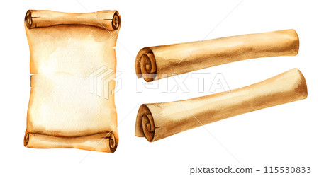 set of watercolor old brown paper sheets, vintage antique textured beige paper, illustration parchments with ripped and scrolled edges and spots, horizontal banner isolated white background set of watercolor old brown paper sheets, vintage antique textured beige paper, illustration parchments with ripped and scrolled edges and spots, horizontal banner isolated white background 115530833