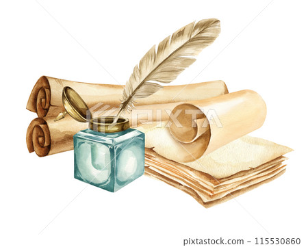 feather quill dip pen and vintage green glass inkwell, stack of old brown paper, aged scrolled papyrus, watercolor illustration of historical theme, antique devices for writing on white background feather quill dip pen and vintage green glass inkwell, stack of old brown paper, aged scrolled papyrus, watercolor illustration of historical theme, antique devices for writing on white background 115530860