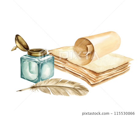 feather quill dip pen and vintage green glass inkwell with metal lid, stack of old brown paper with scrolled paper sheets, watercolor illustration of historical theme, antique devices for writing feather quill dip pen and vintage green glass inkwell with metal lid, stack of old brown paper with scrolled paper sheets, watercolor illustration of historical theme, antique devices for writing 115530866