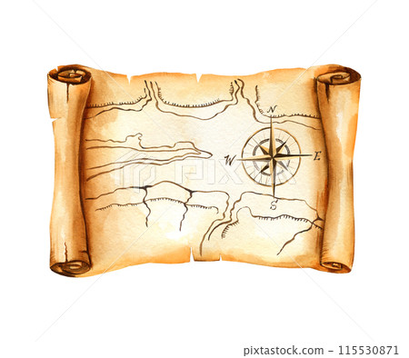 watercolor old navigation map on textured vintage brown paper, wind rose, parchment with scrolled, ripped edges, illustration of antique geography and cartography tool isolated on white background watercolor old navigation map on textured vintage brown paper, wind rose, parchment with scrolled, ripped edges, illustration of antique geography and cartography tool isolated on white background 115530871