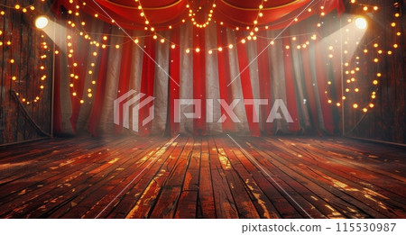 Empty Stage With Red And White Striped Curtains And String Lights 115530987