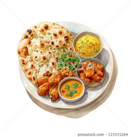 Watercolor illustration of an Indian curry plate on a white background 115531264