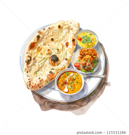 Watercolor illustration of an Indian curry plate on a white background Watercolor illustration of an Indian curry plate on a white background 115531266