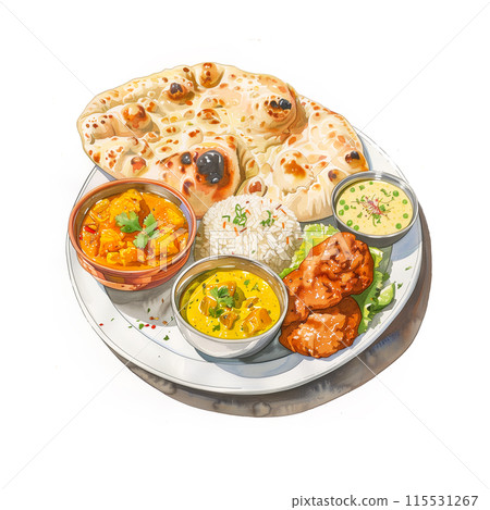 Watercolor illustration of an Indian curry plate on a white background Watercolor illustration of an Indian curry plate on a white background 115531267