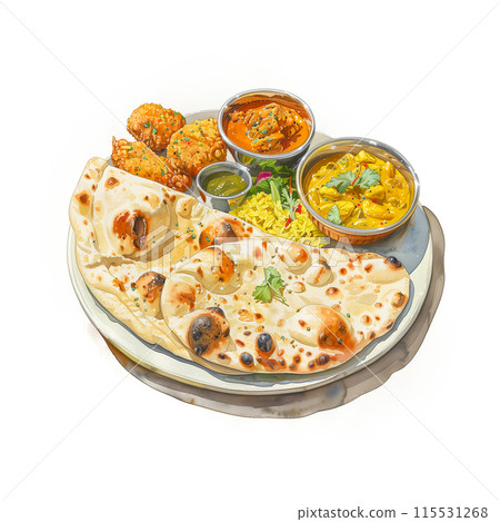 Watercolor illustration of an Indian curry plate on a white background 115531268