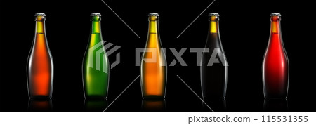 Set of bottle of beer or cider isolated on black background 115531355
