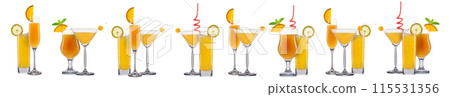 Set of orange cocktails with decoration from fruits isolated on white background Set of orange cocktails with decoration from fruits isolated on white background 115531356