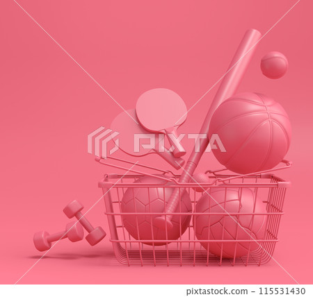 Sport equipment for fitness, gym in shopping basket on monochrome 115531430