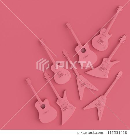 Set of electric acoustic guitars isolated on monochrome background. 115531438
