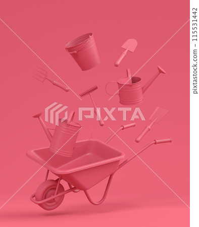 Garden wheelbarrow with garden tools like shovel, rake and fork on monochrome 115531442