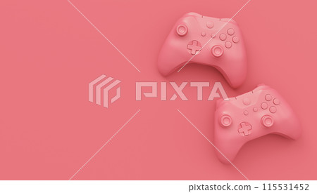 Video game joysticks or gamepads in plain monochrome pink color background 115531452