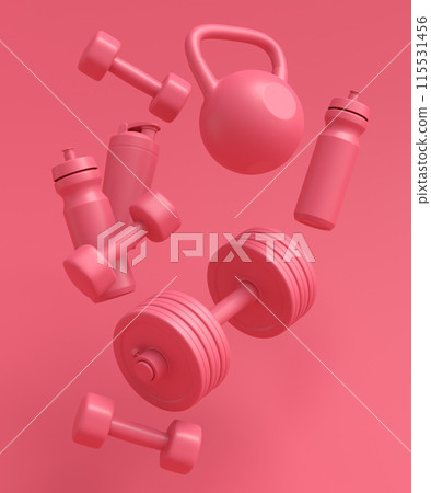 Isometric view of sport equipment like kettlebell, fitness ball and yoga mat 115531456