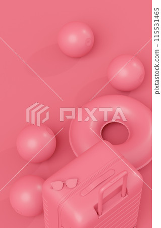 Colorful suitcase and inflatable ring flying on monochrome background Colorful suitcase and inflatable ring flying on monochrome background 115531465