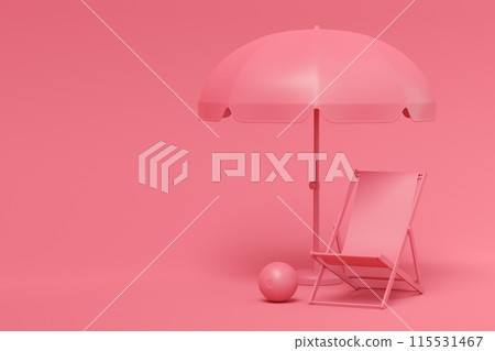 Colorful beach rings, chair, umbrellas and luggage on monochrome background. 115531467