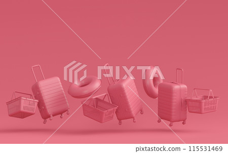 Colorful luggage with beach accessories and shopping basket on monochrome 115531469