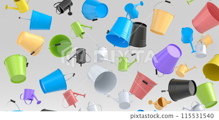 Many of flying garden buckets for hydration of plants on white background Many of flying garden buckets for hydration of plants on white background 115531540