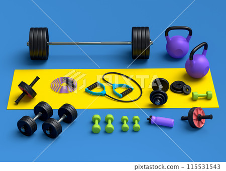 Isometric view of sport equipment like kettlebell, fitness ball and yoga mat 115531543