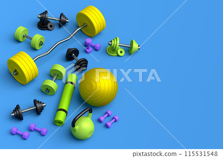 Isometric view of sport equipment like kettlebell, fitness ball and dumbbells Isometric view of sport equipment like kettlebell, fitness ball and dumbbells 115531548