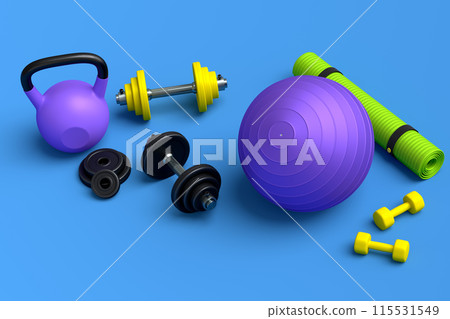 Isometric view of sport equipment like kettlebell, fitness ball and yoga mat 115531549
