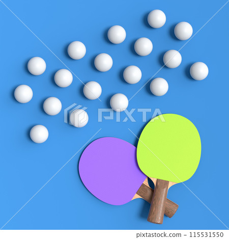 Pair of ping pong rackets for table tennis with ball on blue background 115531550