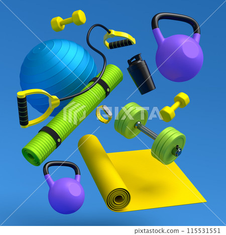 Flying sport equipment like kettlebell, fitness ball and yoga mat 115531551