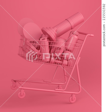 Sport equipment for fitness, gym in shopping cart on monochrome 115531592