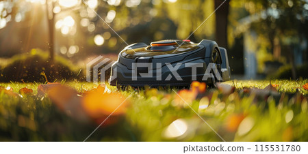 Automatic Lawn Mower Cutting Grass in a Lush Green Garden on a Sunny Day 115531780