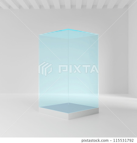 Realistic glass square showcase. Empty glass box in room. 3d illustration 115531792