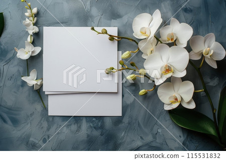 White Orchid Branch With Stacked White Paper on Grey Concrete Surface 115531832
