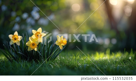 Yellow Daffodils Blooming in a Lush Spring Garden 115532035
