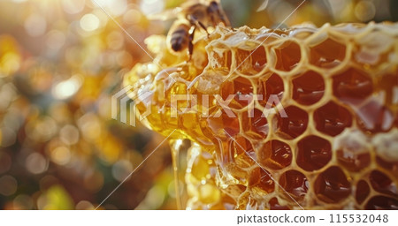 Close Up of Honeycomb With Bees in a Sunny Field 115532048