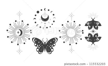 Magic sacred decoration esoteric tattoo moth or butterfly dark line, border celelstial mystery esoteric decoration with moth or butterfly, sun, stars and moon on white background. Magic sacred decoration esoteric tattoo moth or butterfly dark line, border celelstial mystery esoteric decoration with moth or butterfly, sun, stars and moon on white background. 115532203