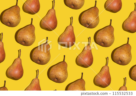 Pear pattern. Yellow and orange Bera pears on yellow background. Ripe juicy fruits. Food background. 115532533
