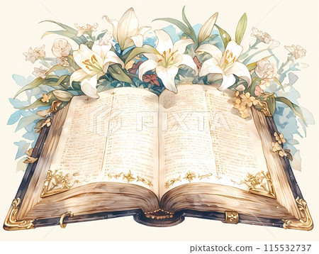 聖經和百合花與金色裝飾 115532737