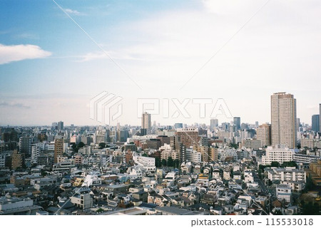 Aerial view of the city taken with a film camera 115533018