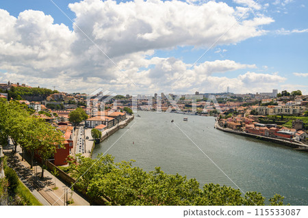 Panoramic view of Old Porto Oporto city and Ribeira over Douro river from Vila Nova de Gaia, Portugal 115533087