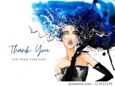 Thank you for your purchase card with watercolor woman. Fashion illustration 115533179