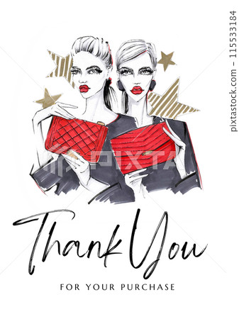Thank you for your purchase card with watercolor woman. Fashion illustration 115533184
