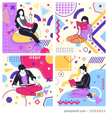 Creative geometric cards. People read books. Cartoon young characters. Woman studying. Man relaxing with literature. University education. Abstract Memphis figures. Vector trendy square banners set 115533221