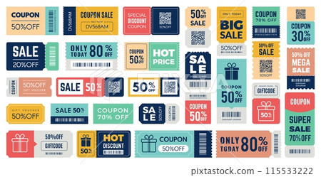 Coupon ticket. Code promotion event, sale off 50. Voucher discount, gift promo card. Bar code, icon certificate. Labels and badges with separated line. Vector banner price money, flat style design 115533222