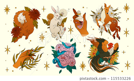Mystic Boho. Animals and flowers. Esoteric celestial symbols. Bohemian tattoo. Hand with plant leaves. Magic alchemy print. Snake in peonies. Occult moon and stars. Wild deer. Vector art stickers set Mystic Boho. Animals and flowers. Esoteric celestial symbols. Bohemian tattoo. Hand with plant leaves. Magic alchemy print. Snake in peonies. Occult moon and stars. Wild deer. Vector art stickers set 115533226