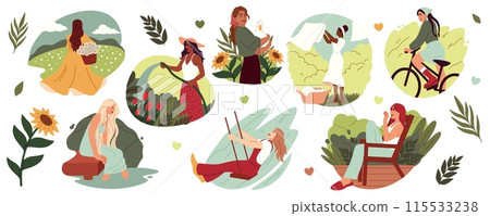 Gardening hobby. Woman working or relaxing in garden. Plants ECO growing. Picnic in nature. Spring meadow. Happy female watering flowers. Girl swinging or riding bicycle. Vector summer characters set Gardening hobby. Woman working or relaxing in garden. Plants ECO growing. Picnic in nature. Spring meadow. Happy female watering flowers. Girl swinging or riding bicycle. Vector summer characters set 115533238