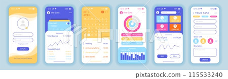 App UI. Phone screen interface application. Account login. Smartphone call and message. Cellphone finance dashboard. Schedule planner with calendar. Mobile graphic mockup. Vector garish templates set App UI. Phone screen interface application. Account login. Smartphone call and message. Cellphone finance dashboard. Schedule planner with calendar. Mobile graphic mockup. Vector garish templates set 115533240