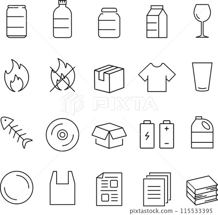 Monochrome line drawing garbage icon set 115533395