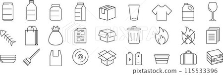 Monochrome line drawing garbage icon set Monochrome line drawing garbage icon set 115533396