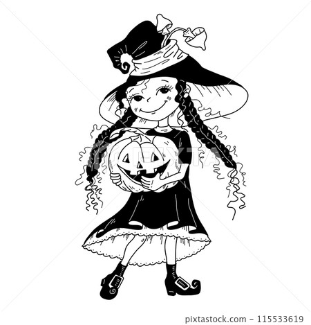 Vector illustration of a girl in a witch costume for the Halloween holiday handraw. 115533619