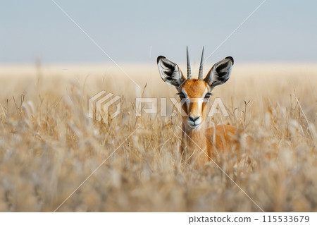 A graceful springbok antelope stands alert in a golden grassland savanna, its coat blending with the sunlit landscape. Wildlife Animals. 115533679