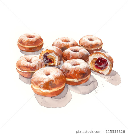 白色背景上的 Bomboloni 水彩插圖 白色背景上的 Bomboloni 水彩插圖 115533826
