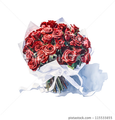 白色背景上 100 朵紅玫瑰花束的水彩插圖 115533855