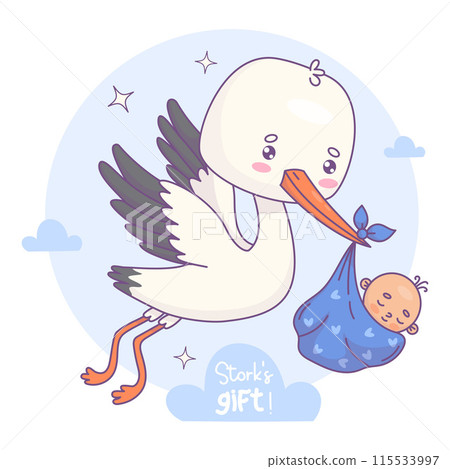 Cute flying stork with newborn baby boy. Funny Cartoon bird kawaii character and delivery of infant. Cool childish card male birthday. Vector illustration. Kids collection. Cute flying stork with newborn baby boy. Funny Cartoon bird kawaii character and delivery of infant. Cool childish card male birthday. Vector illustration. Kids collection. 115533997